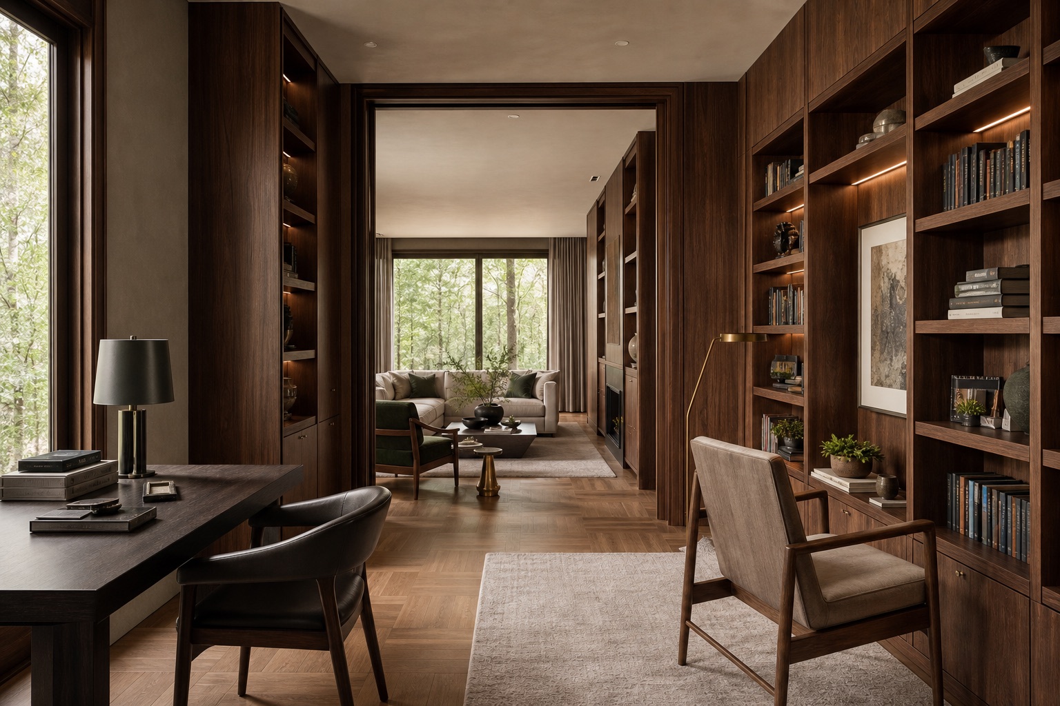 Tailored walnut home office and library